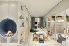 perspectiva ilustrativa brinquedoteca kids estante nicho azul brinquedos mesas cadeiras parede árvore itens decorativos — Residencial Armazém Vieira em Saco dos Limões, Florianópolis