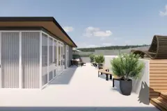perspectiva ilustrativa rooftop terraço gazebo caixa branca vidro sofás poltronas rattan bancos madeira vaso deck — Residencial Armazém Vieira em Saco dos Limões, Florianópolis