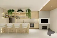 perspectiva ilustrativa salão festas gourmet cozinha ilha bancada plantas suspensas prateleiras bar churrasqueira fogão geladeira — Residencial Armazém Vieira em Saco dos Limões, Florianópolis