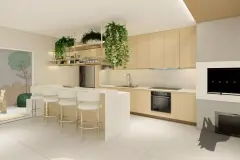 perspectiva ilustrativa salão gourmet cozinha ilha bancada plantas suspensas prateleiras bar brinquedoteca ao fundo — Residencial Armazém Vieira em Saco dos Limões, Florianópolis
