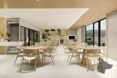 perspectiva ilustrativa salão festas gourmet mesas redondas cadeiras madeira brancas cozinha janela vista morro ângulo lateral — Residencial Armazém Vieira em Saco dos Limões, Florianópolis