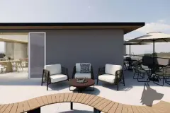 perspectiva ilustrativa mini mercado minimarket porta correr prateleiras produtos alimentícios fachada — Residencial Armazém Vieira em Saco dos Limões, Florianópolis