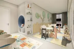 perspectiva ilustrativa salão gourmet cozinha ilha bancada prateleiras douradas plantas TV ripas madeira mesas jantar — Residencial Armazém Vieira em Saco dos Limões, Florianópolis