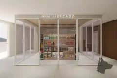 perspectiva ilustrativa mini mercado minimarket porta correr prateleiras produtos alimentícios fachada ângulo alternativo — Residencial Armazém Vieira em Saco dos Limões, Florianópolis