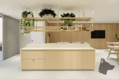 perspectiva ilustrativa mini mercado minimarket interior prateleiras produtos alimentícios cereais letreiro Caixa — Residencial Armazém Vieira em Saco dos Limões, Florianópolis