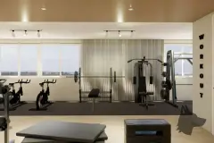 perspectiva ilustrativa academia musculação bicicletas spinning esteiras máquinas barras espelhos janela — Residencial Armazém Vieira em Saco dos Limões, Florianópolis