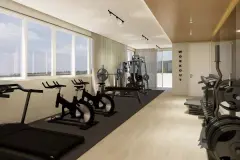 perspectiva ilustrativa spa sala massagem banheira hidromassagem parede pedra branca mesa tratamento roupão LED iluminação — Residencial Armazém Vieira em Saco dos Limões, Florianópolis