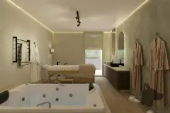 perspectiva ilustrativa spa sala massagem banheira hidromassagem mesa tratamento toalha roupão iluminação quente — Residencial Armazém Vieira em Saco dos Limões, Florianópolis
