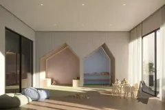 perspectiva ilustrativa brinquedoteca kids nichos casinha rosa azul ripas madeira puf almofadas azuis mesa cadeiras brinquedos janela jardim — Residencial Blue Bay em Coqueiros, Florianópolis