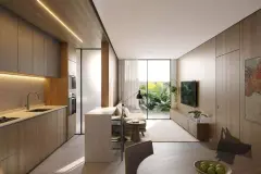 perspectiva ilustrativa apartamento sala jantar cozinha integradas armários madeira ilha pedra sofá TV painel madeira janela jardim — Residencial Blue Bay em Coqueiros, Florianópolis