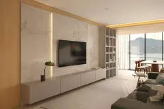 perspectiva ilustrativa sala estar TV parede mármore branca rack branco prateleiras sofá verde escuro mesa café janela vista baía — Residencial Blue Bay em Coqueiros, Florianópolis