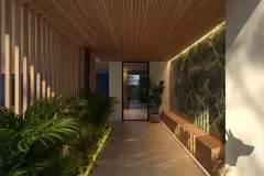 perspectiva ilustrativa hall entrada corredor ripas madeira teto banco madeira parede pedra verde mármore plantas palmeira iluminação LED noturna — Residencial Blue Bay em Coqueiros, Florianópolis