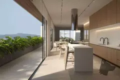 perspectiva ilustrativa cozinha gourmet cobertura ilha bancada madeira coifa cilíndrica inox banquetas janela plantas monsteras terraço jardim mesa exterior vista morro — Residencial Blue Bay em Coqueiros, Florianópolis
