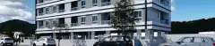 perspectiva ilustrativa fachada lateral edifício 7 andares cinza branco sacadas grade alumínio árvore rua carros montanha fundo dia — Residencial Brisa Mar em Ingleses, Florianópolis
