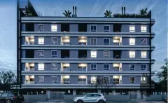 perspectiva ilustrativa fachada frontal edifício noturno 7 andares cinza janelas iluminadas rooftop plantas portão garagem carros — Residencial Brisa Mar em Ingleses, Florianópolis