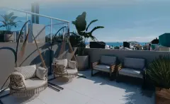 perspectiva ilustrativa rooftop terraço cadeiras suspensas corda bege sofá almofadas azuis mesa plantas tropicais vista oceano morro — Residencial Brisa Mar em Ingleses, Florianópolis
