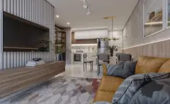 perspectiva ilustrativa sala estar jantar cozinha integradas TV painel ripas madeira sofá caramelo mesa jantar cozinha mármore geladeira pendentes dourados tapete geométrico — Residencial Brisa Mar em Ingleses, Florianópolis