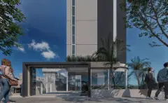 perspectiva ilustrativa fachada entrada portaria vidro espelhado torre alta palmeiras pedestres dia — Residencial Brisa Mar em Ingleses, Florianópolis