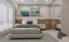 perspectiva ilustrativa suíte cama casal cabeceira almofadada painel ripas madeira quadros montanha oceano arandelas douradas guarda-roupa espelho cortinas — Residencial Brisa Mar em Ingleses, Florianópolis