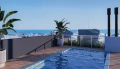 perspectiva ilustrativa rooftop piscina deck madeira plantas tropicais vista oceano mar bairro formato pequeno — Residencial Brisa Mar em Ingleses, Florianópolis