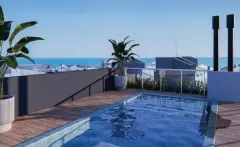perspectiva ilustrativa rooftop piscina deck madeira plantas tropicais vista oceano mar bairro ângulo amplo — Residencial Brisa Mar em Ingleses, Florianópolis