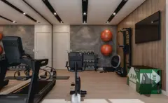 perspectiva ilustrativa academia fitness esteira bicicleta spinning rack halteres bolas medicinais TV parede cimento madeira — Residencial Brisa Mar em Ingleses, Florianópolis