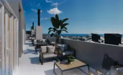 perspectiva ilustrativa terraço lounge cadeiras poltronas mesa café plantas tropicais vista oceano mar bairro rooftop — Residencial Brisa Mar em Ingleses, Florianópolis
