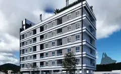 perspectiva ilustrativa fachada frontal edifício 8 andares cinza branco sacadas rooftop plantas carros montanha dia — Residencial Brisa Mar em Ingleses, Florianópolis
