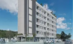 perspectiva ilustrativa fachada lateral edifício 8 andares cinza branco sacadas rooftop plantas carros montanha ciclista — Residencial Brisa Mar em Ingleses, Florianópolis