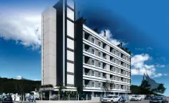 perspectiva ilustrativa fachada diagonal edifício 8 andares cinza branco sacadas rooftop plantas carros portaria árvores — Residencial Brisa Mar em Ingleses, Florianópolis
