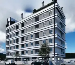 perspectiva ilustrativa fachada frontal edifício 7 andares cinza branco sacadas rooftop plantas portão garagem árvore carros dia — Residencial Brisa Mar em Ingleses, Florianópolis