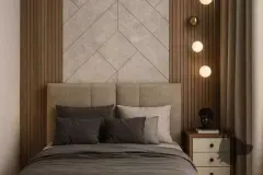perspectiva ilustrativa suíte cama casal cabeceira estofada bege painel ripas madeira mármore geométrico LED mesas criado brancas arandelas douradas esferas — Residencial Caminho do Sol em Ingleses, Florianópolis