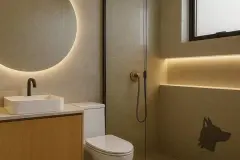 perspectiva ilustrativa banheiro suíte cuba sobreposta branca gabinete madeira torneira preta espelho circular LED box vidro ducha higiênica janela — Residencial Caminho do Sol em Ingleses, Florianópolis