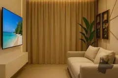 perspectiva ilustrativa sala estar TV rack branco sofá bege cortinas creme quadros retratos planta tropical LED iluminação quente — Residencial Caminho do Sol em Ingleses, Florianópolis