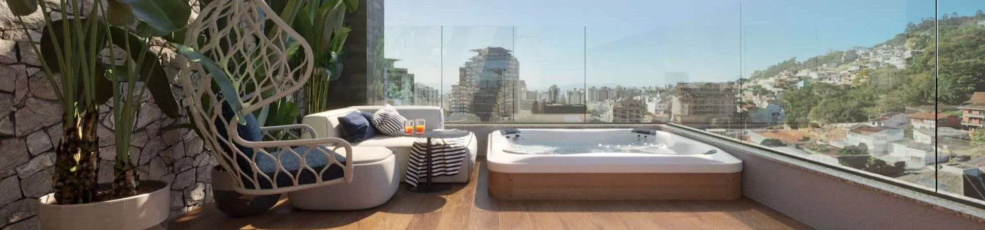 perspectiva ilustrativa terraço cobertura hidromassagem deck madeira poltrona suspensa corda sofá modular almofadas azuis plantas tropicais guarda-corpo vidro vista Centro Florianópolis morro — Residencial Evora em Centro, Florianópolis