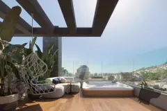 perspectiva ilustrativa terraço cobertura hidromassagem deck madeira poltrona suspensa sofá almofadas azuis pérgola preta vista Centro morro — Residencial Evora em Centro, Florianópolis
