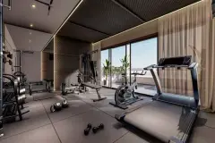 perspectiva ilustrativa academia fitness esteira bicicleta spinning rack pesos kettlebell banco halteres LED teto janela sacada plantas — Residencial Evora em Centro, Florianópolis