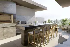 perspectiva ilustrativa varanda gourmet churrasqueira pedra bancada escura mármore banquetas madeira taças vinho garrafa champagne vista bairro — Residencial Evora em Centro, Florianópolis