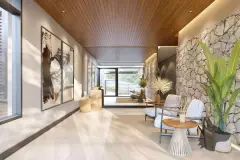 perspectiva ilustrativa hall lobby entrada teto madeira ripas parede pedra bruta quadros abstratos poltronas plantas bananeira tropical — Residencial Evora em Centro, Florianópolis