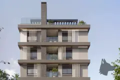 perspectiva ilustrativa fachada frontal edifício 7 andares bege sacadas ripas brancas pedra base rooftop plantas dia — Residencial Evora em Centro, Florianópolis
