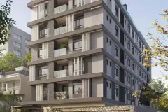 perspectiva ilustrativa fachada diagonal edifício 7 andares bege sacadas ripas brancas pedra base jardim palmeiras — Residencial Evora em Centro, Florianópolis