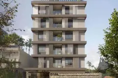 perspectiva ilustrativa fachada frontal edifício 7 andares bege sacadas ripas brancas pedra base palmeiras jardim dia ângulo alternativo — Residencial Evora em Centro, Florianópolis