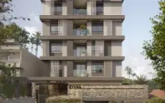 perspectiva ilustrativa fachada frontal edifício 6 andares bege sacadas ripas brancas pedra base palmeiras formato retrato — Residencial Evora em Centro, Florianópolis
