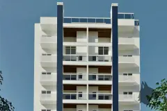 perspectiva ilustrativa fachada frontal topo edifício 10 andares branco sacadas revestimento madeira pilares azul marinho céu azul — Residencial Ipanema em Saco dos Limões, Florianópolis