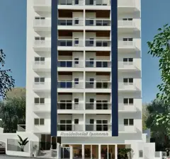 perspectiva ilustrativa fachada frontal completa edifício 10 andares branco sacadas revestimento madeira placa Residencial Ipanema entrada pilares azul marinho palmeira — Residencial Ipanema em Saco dos Limões, Florianópolis