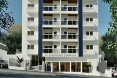 perspectiva ilustrativa fachada frontal edifício 10 andares branco sacadas revestimento madeira pilares azul marinho placa entrada garagem carros dia — Residencial Ipanema em Saco dos Limões, Florianópolis