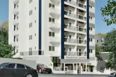 perspectiva ilustrativa fachada diagonal edifício 10 andares branco sacadas revestimento madeira pilares azul marinho placa entrada garagem carros dia — Residencial Ipanema em Saco dos Limões, Florianópolis