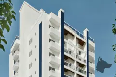 perspectiva ilustrativa fachada lateral topo edifício 10 andares branco pilares azul marinho sacadas céu azul — Residencial Ipanema em Saco dos Limões, Florianópolis