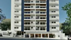perspectiva ilustrativa fachada frontal edifício 10 andares branco sacadas revestimento madeira pilares azul marinho entrada formato retrato — Residencial Ipanema em Saco dos Limões, Florianópolis