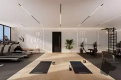 perspectiva ilustrativa academia fitness esteiras bicicleta spinning barras pesos tapetes yoga parede branca letreiro No Days Off Fit For — Residencial Málaga em Campeche, Florianópolis